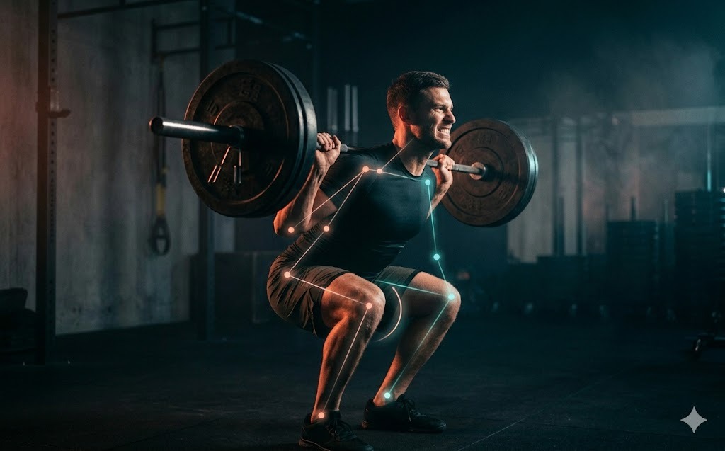 Athlete mid-squat with real-time AI form-analysis overlay