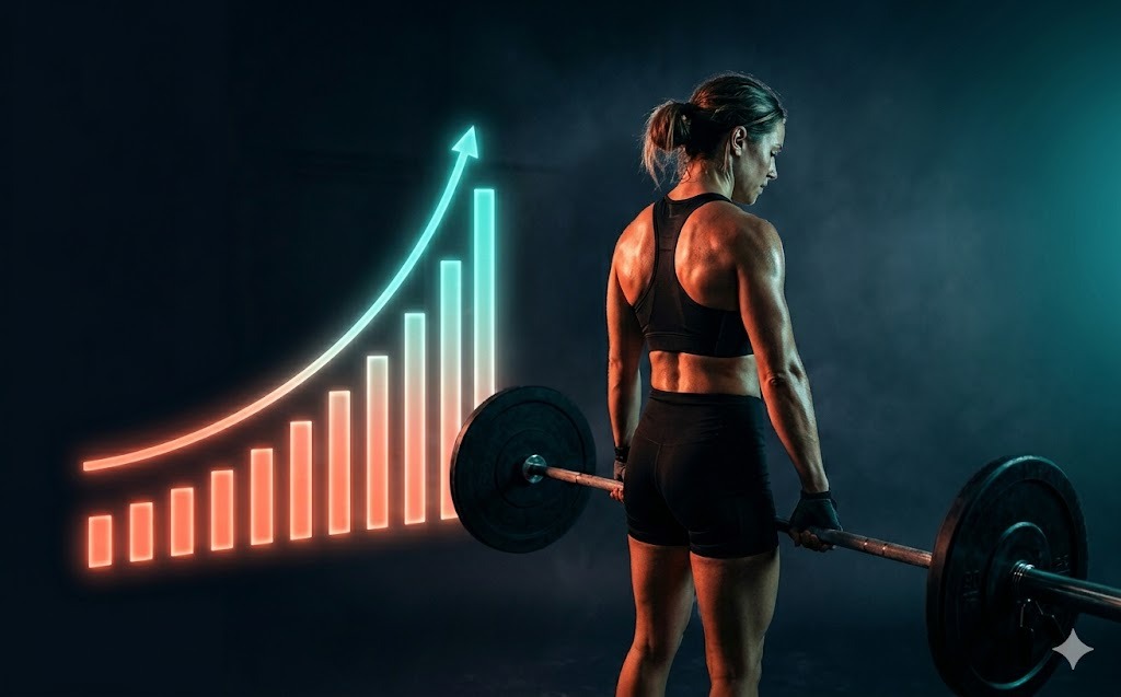 Athlete with a rising progress chart showing compounding gains